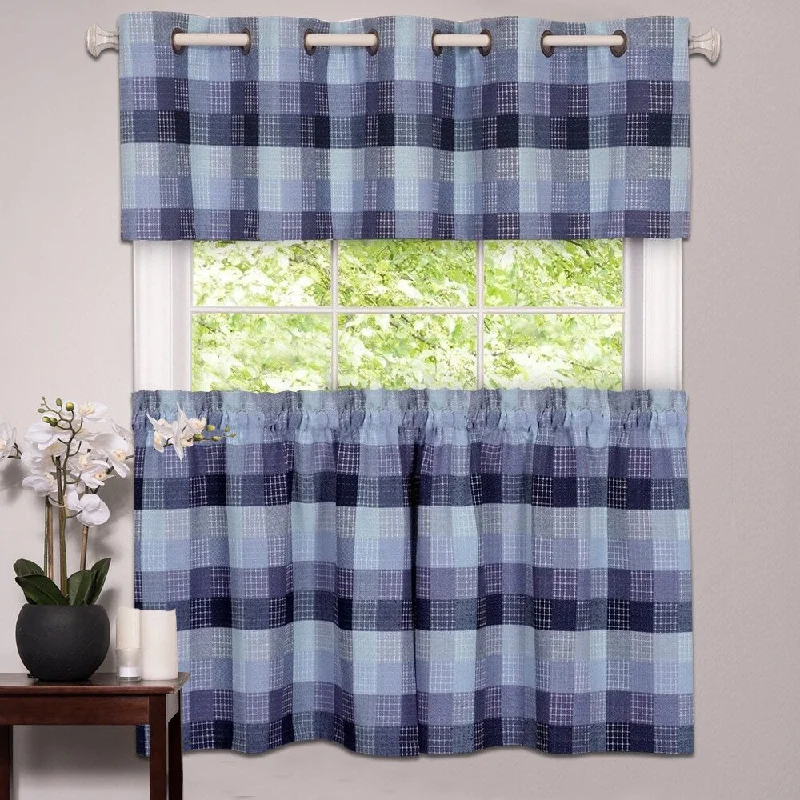 Classic Checkered Blue Decorative Window Curtain Separates with Tier Pair and Valance Options