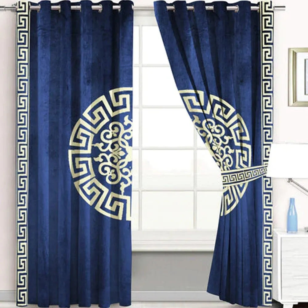 Pair of Versace Velvet Eyelet Curtains White On Blue With Tie Belts