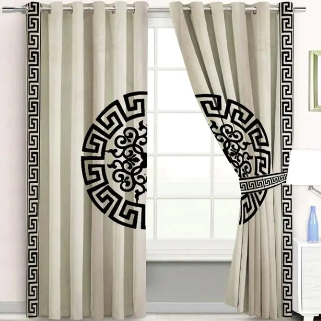 Pair of Versace Velvet Eyelet Curtains Black On Ocean Blue With Tie Belts