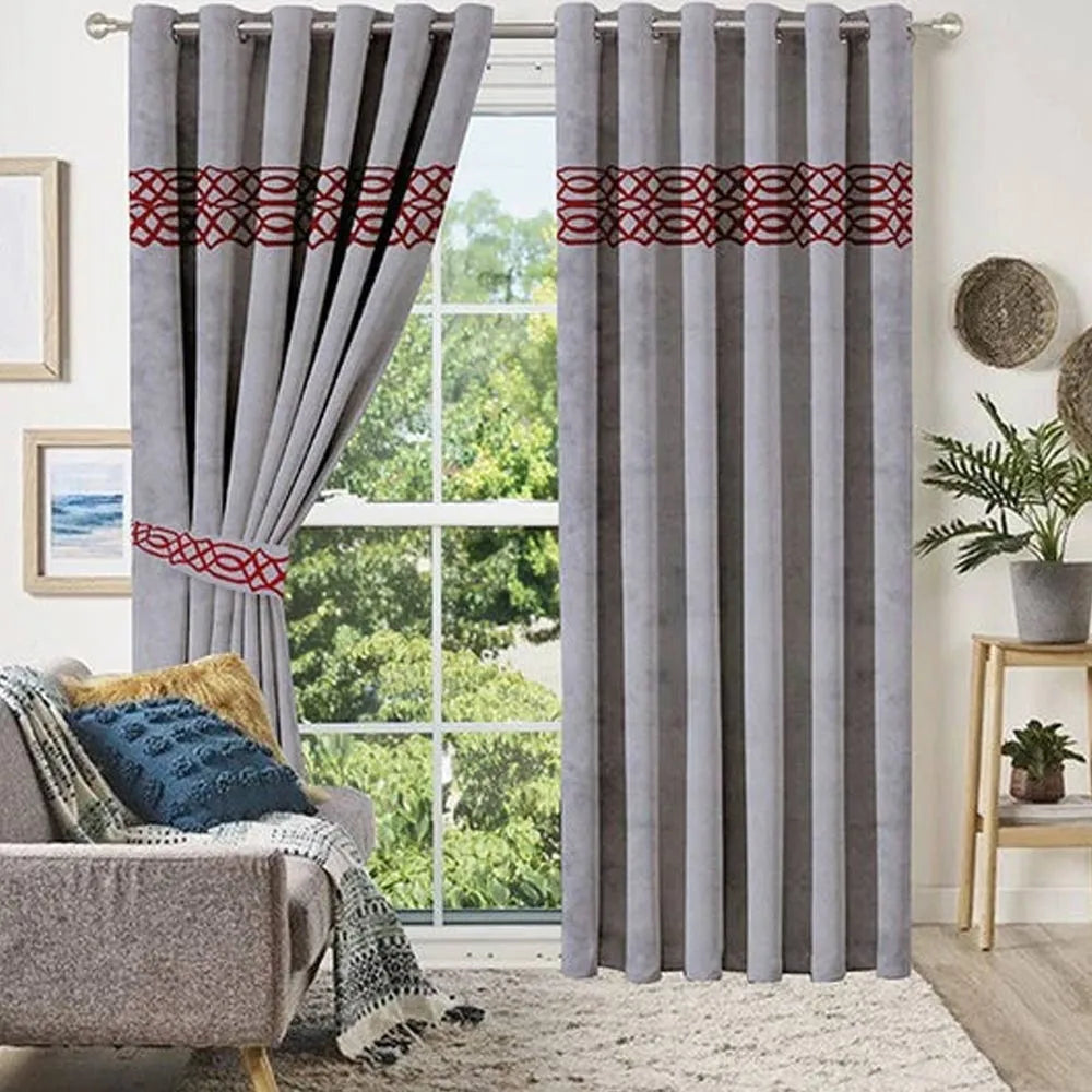 Pair of Crocodile Pattern Velvet Eyelet Curtains Maroon On Grey With Tie Belts