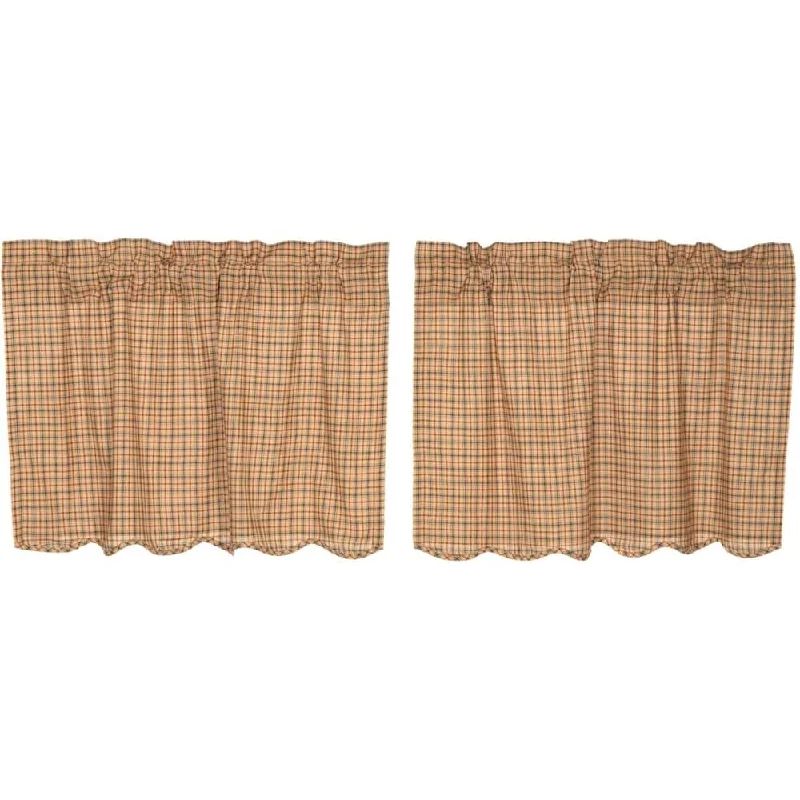 Tan Rustic Kitchen Curtains VHC Millsboro Tier Pair Rod Pocket Cotton Plaid