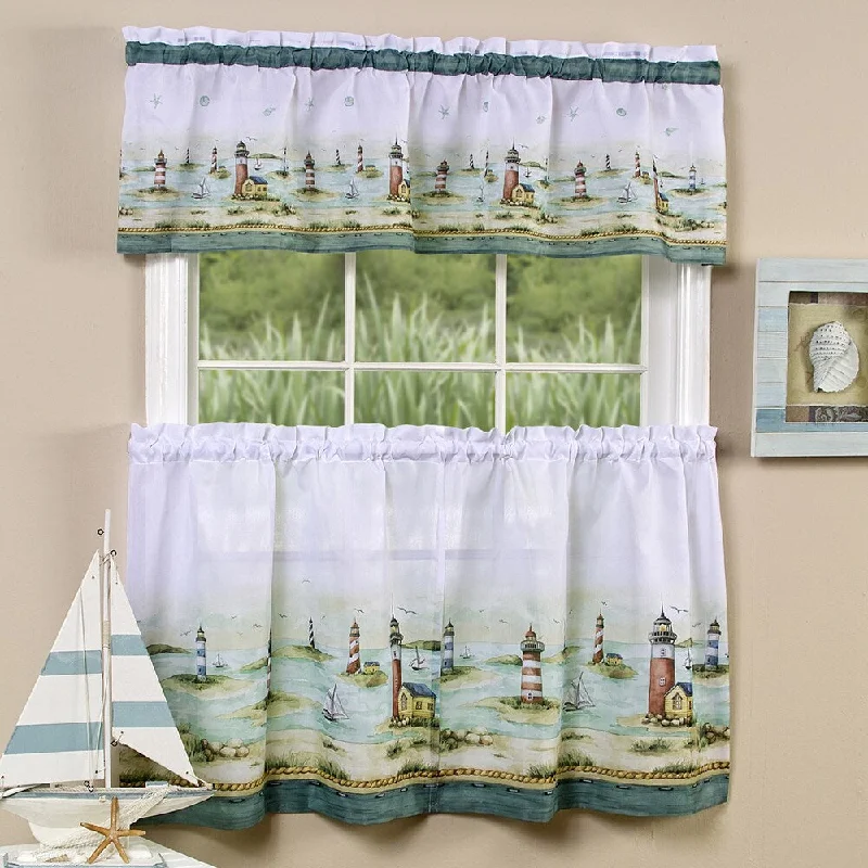 Traditional Two-piece Tailored Tier and Valance Window Curtains Set with Detailed Lighthouse Print - 36 inch - 36 inch