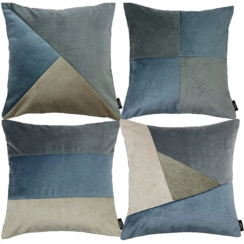 Patchwork Velvet Gold, Blue + Grey Cushion Set