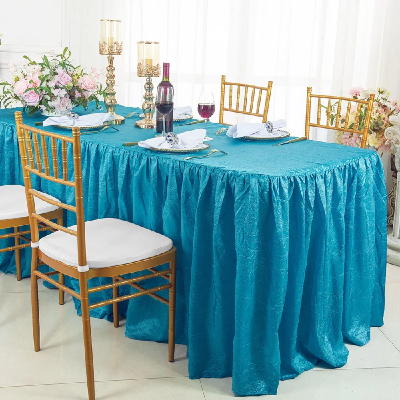 6 Ft Rectangular Ruffled Fitted Crushed Taffeta Tablecloth With Skirt - Turquoise (1pc)