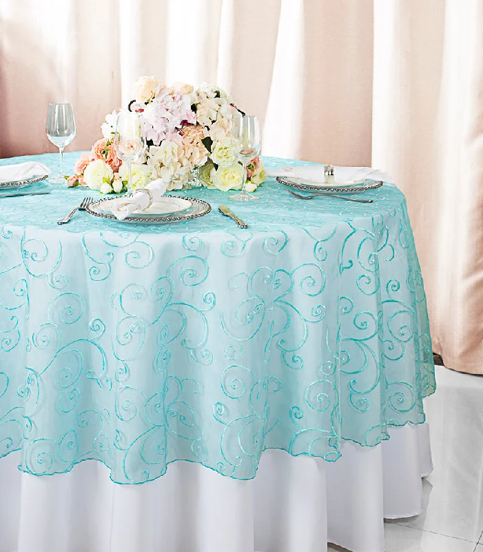 108" Seamless Round Embroidered Organza Tablecloth/Table Overlay - Pool Blue (1pc)