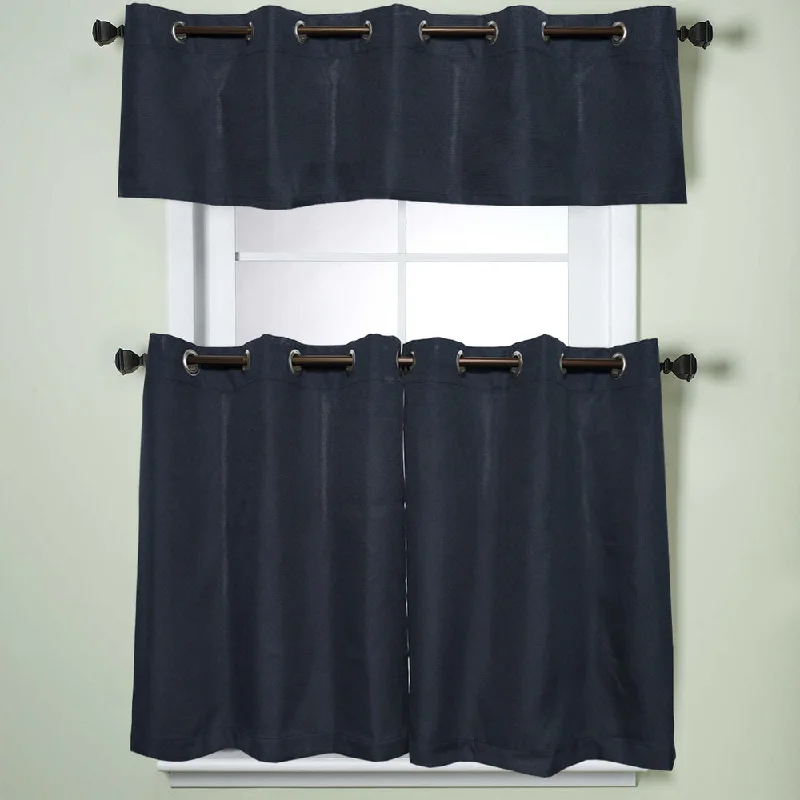 Modern Subtle Texture Solid Navy Kitchen Curtain Parts with Grommets- Tier and Valance Options