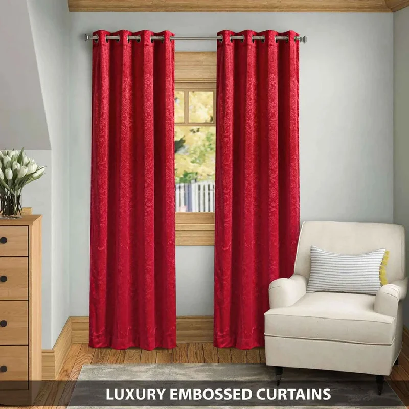 Pair Of Embossed Velvet Eyelet Curtain- Red Color