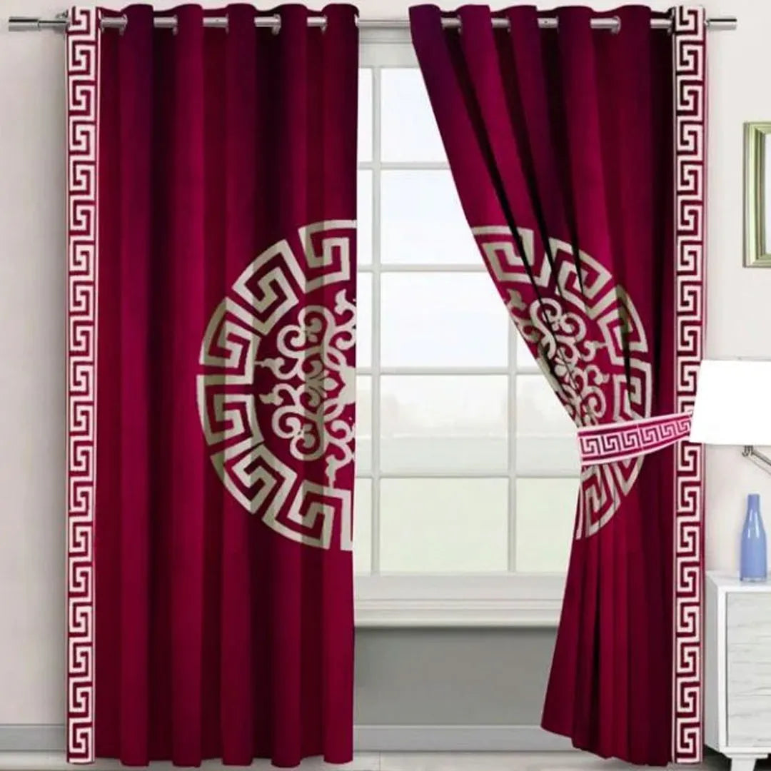 Pair of Versace Velvet Eyelet Curtains White On Maroon With Tie Belts