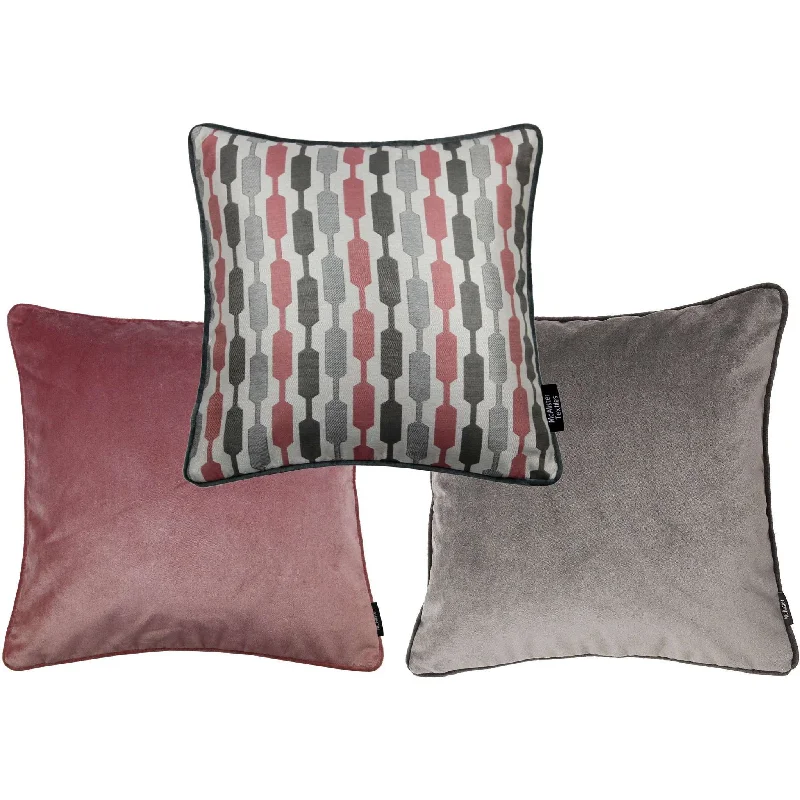 Blush Pink Geometric and Plain Velvet 43cm x 43cm Cushion Set of 3