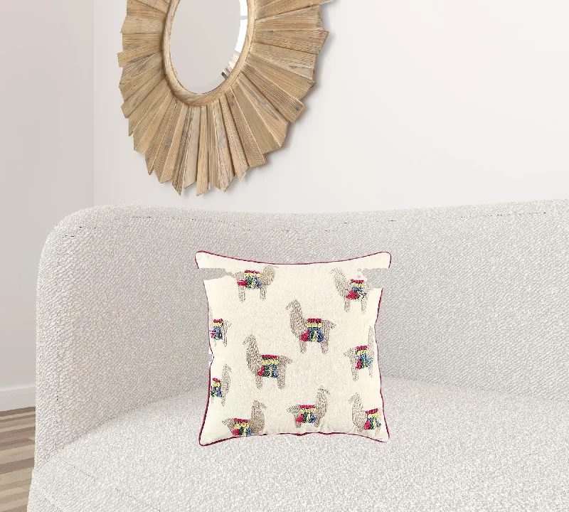 Ivory Fiesta Fun Embroidered Llamas Throw Pillow