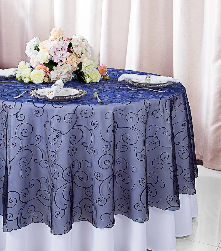 90" Seamless Round Embroidered Organza Tablecloth/Table Overlay - Navy Blue (1pc)