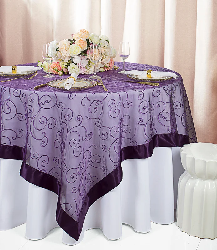 85"x85" Seamless Square Embroidered Organza Tablecloth/Table Overlay - Eggplant (1pc)