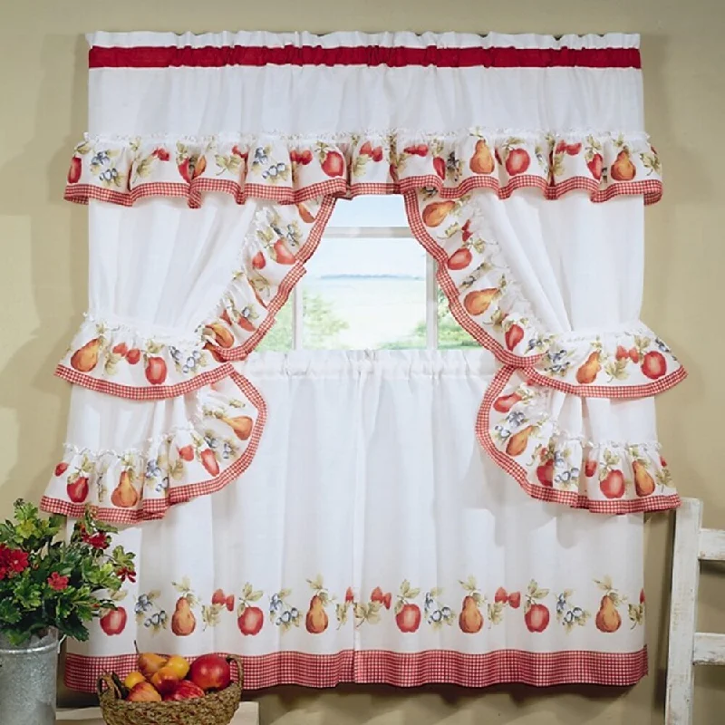 Complete Cottage Curtain Set With a Country Style Assorted Fruit Print and Red Check Trim