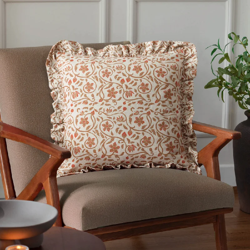 Linen Filigree Printed Ruffle Cushion Linen/Ochre