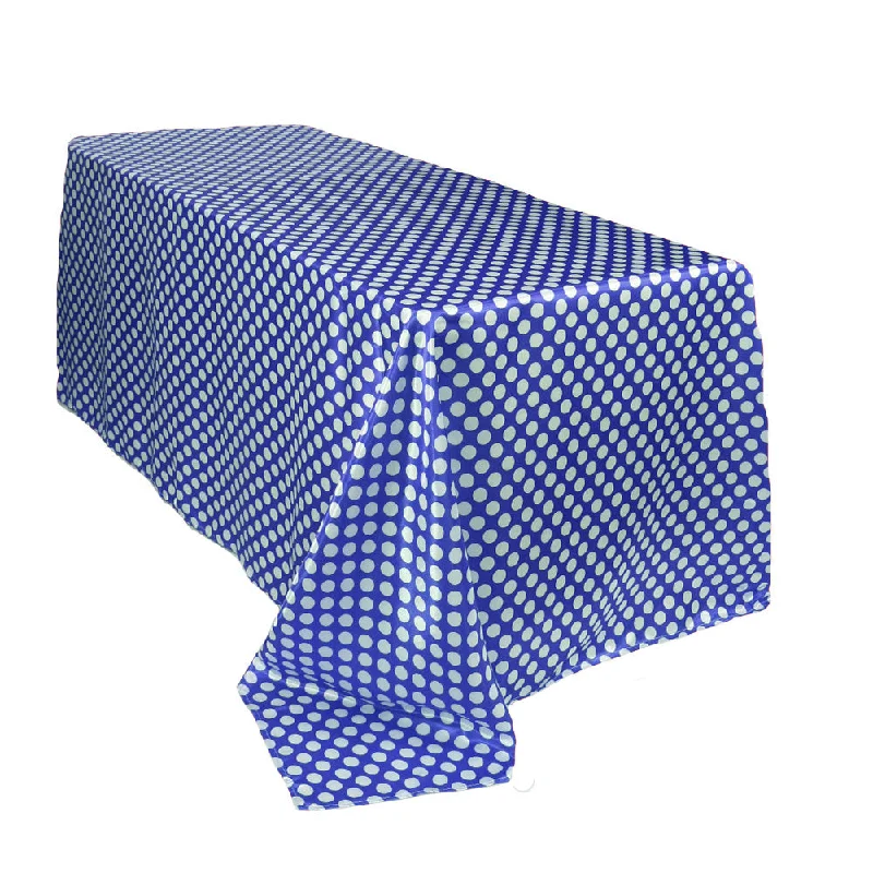 90 x 156 inch Satin Rectangular Tablecloth Royal Blue and White Polka Dots