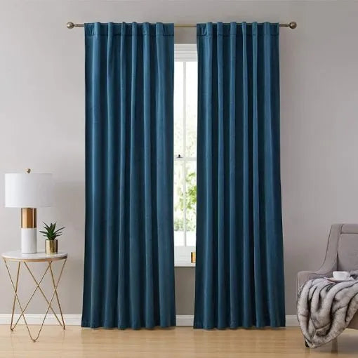 Pair Of Premium Velvet Eyelet Curtain- Teal Blue