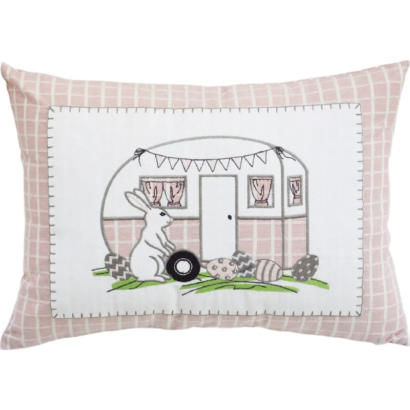 13" X 18" Light Pink Checkered Easter Eggs Bunny Camper Throw Pillow