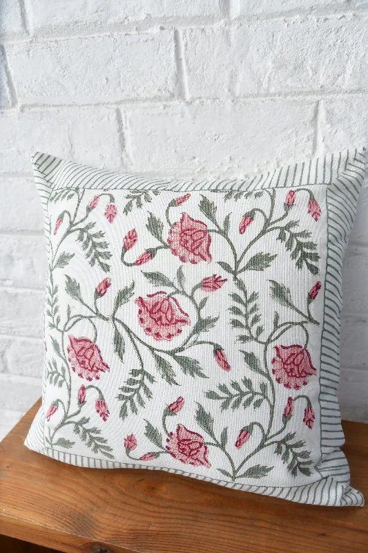 Pink & Green Floral Jaal Cushion: Hand Block Beauty for Your Home (India)