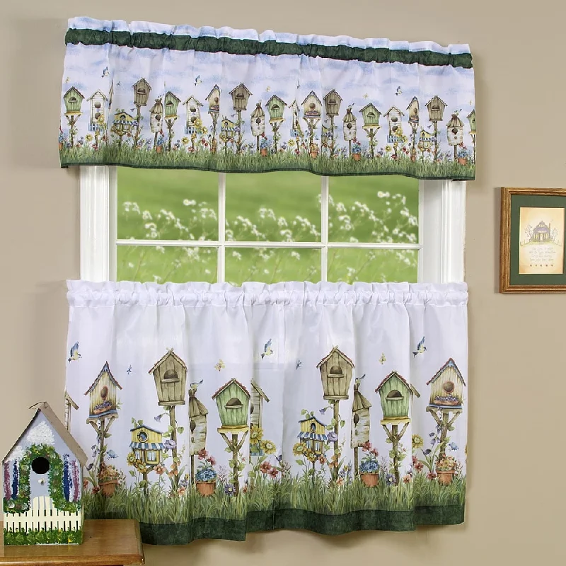 Traditional Two-piece Tailored Tier and Valance Window Curtains Set with Whimsical Birdhouse Print - 36 inch - 36 inch