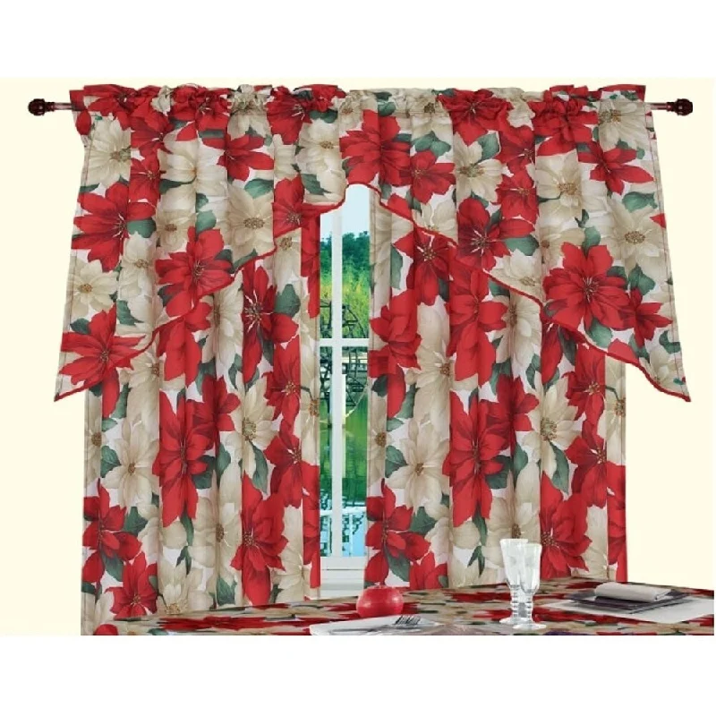 Violet Linen Decorative Christmas Poinsettia Floral 3pc Set 60" x 18" Valance, 30"x 36" Tiers, Decorative Window Kitchen Curtain