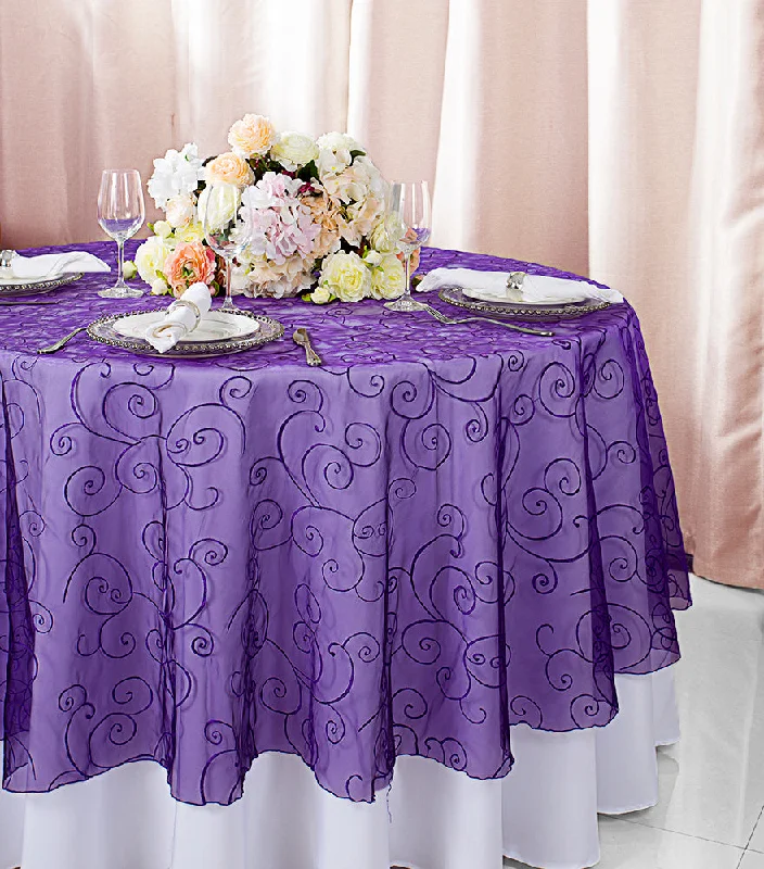 108" Seamless Round Embroidered Organza Tablecloth/Table Overlay - Regency Purple (1pc)