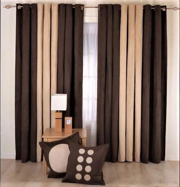 Pair Of Premium Velvet Eyelet Curtain Brown & Beige