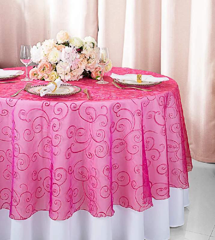 108" Seamless Round Embroidered Organza Tablecloth/Table Overlay - Fuchsia (1pc)