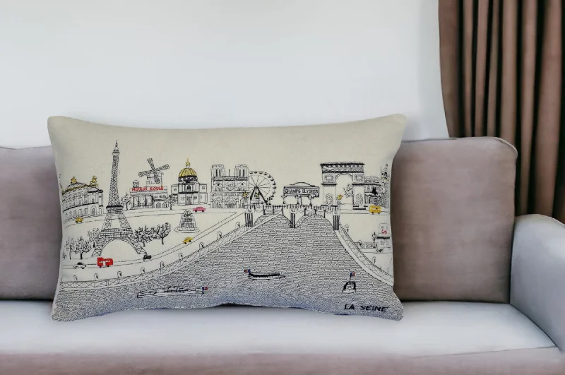 25" White Paris Daylight Skyline Lumbar Decorative Pillow