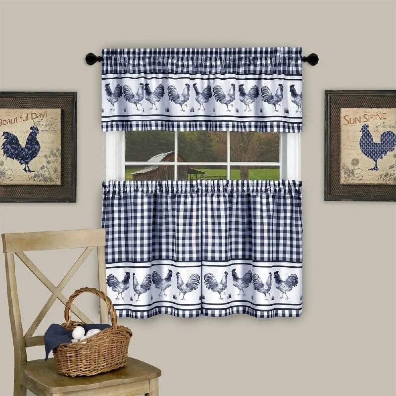 3 Piece Barnyard Buffalo Check Rooster Tier and Valance Curtain Set- 36" Navy - 36 inch