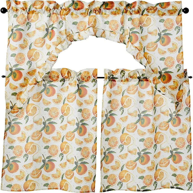 Violet Linen European Fruits Flowers, Oranges, 3pc Set 60"x 18" Valance, 30" x 36" Tiers, Decorative Window Kitchen Curtain Set