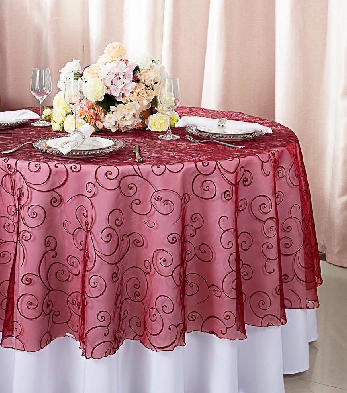 108" Seamless Round Embroidered Organza Tablecloth/Table Overlay - Burgundy (1pc)