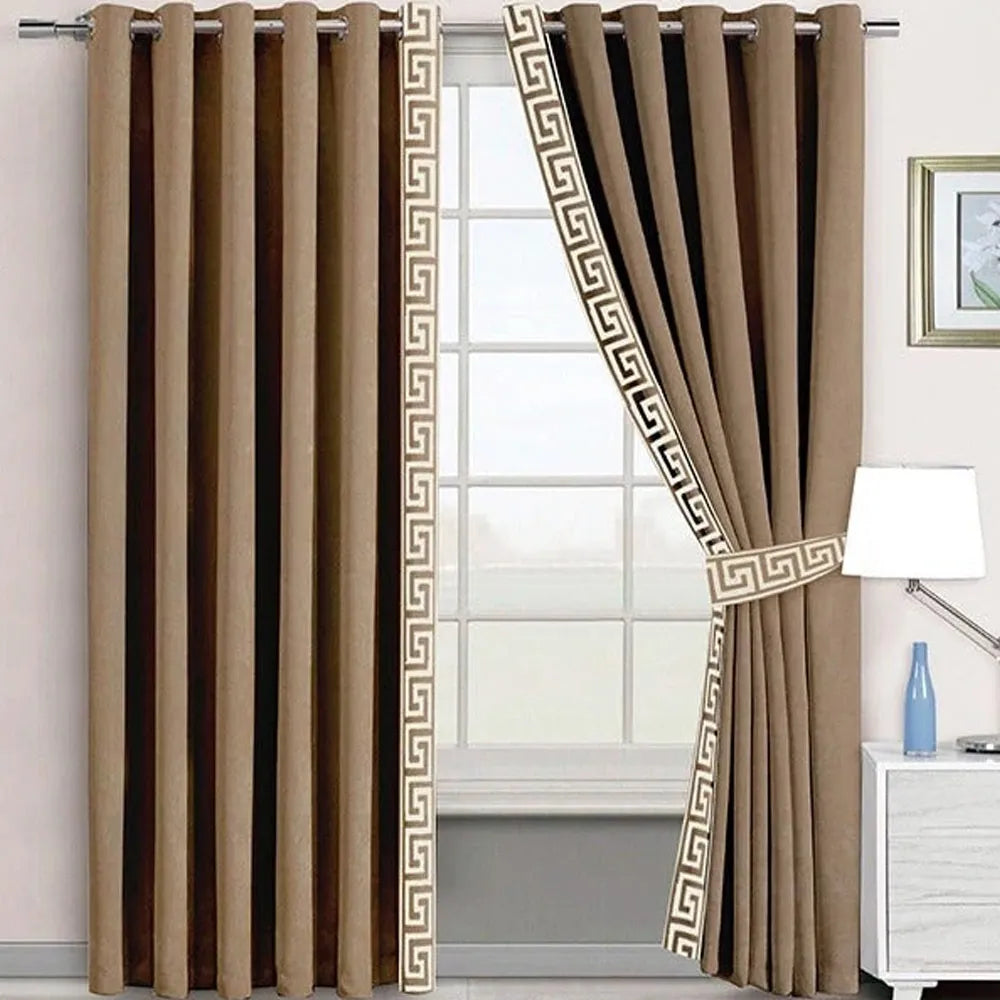 Pair of Versace Border Velvet Eyelet Curtains Off White On Beige With Tie Belts