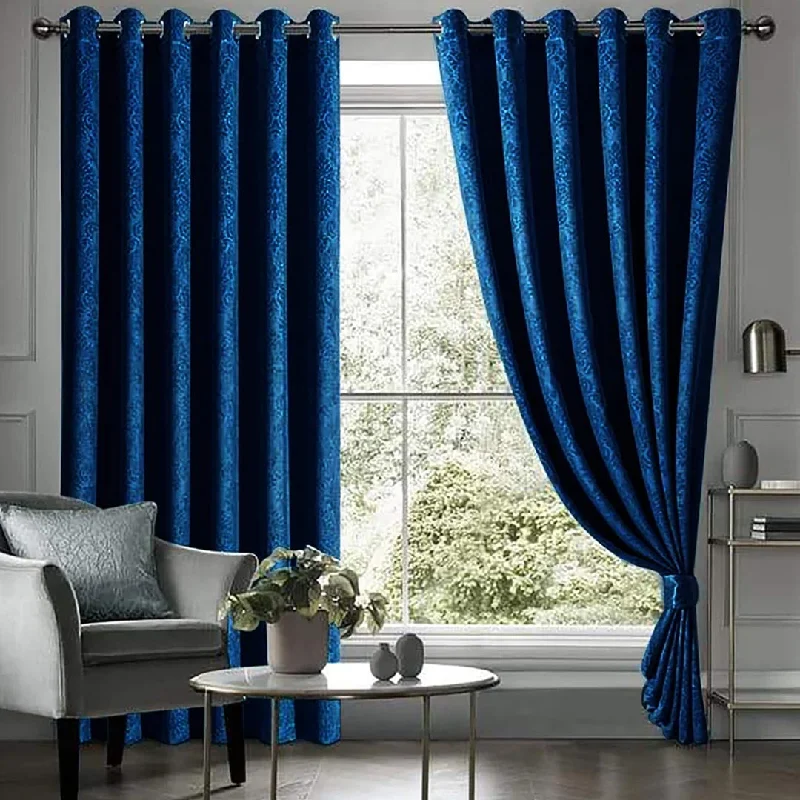 Pair Of Embossed Velvet Eyelet Curtain- Blue Color