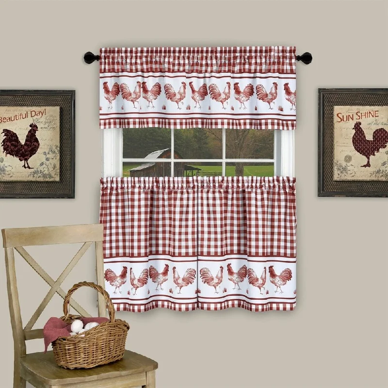 3 Piece Barnyard Buffalo Check Rooster Tier and Valance Curtain Set- 36" Burgundy - 36 inch