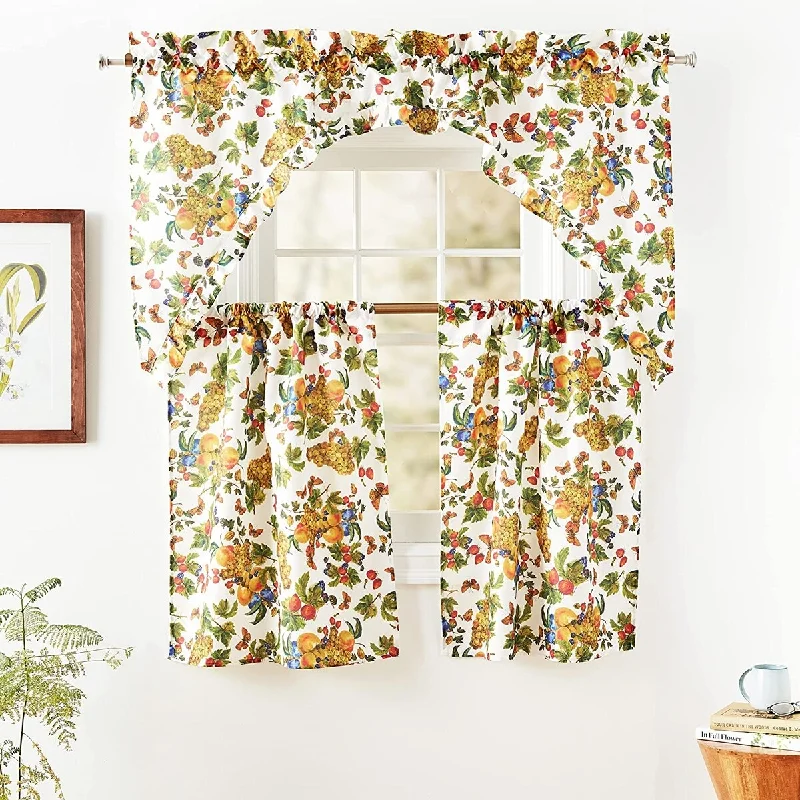 Violet Linen European Garden Fruits, Beige-Multi, 3pc Set 60"x18" Valance, 30"x36" Tiers, Decorative Window Kitchen Curtain Set