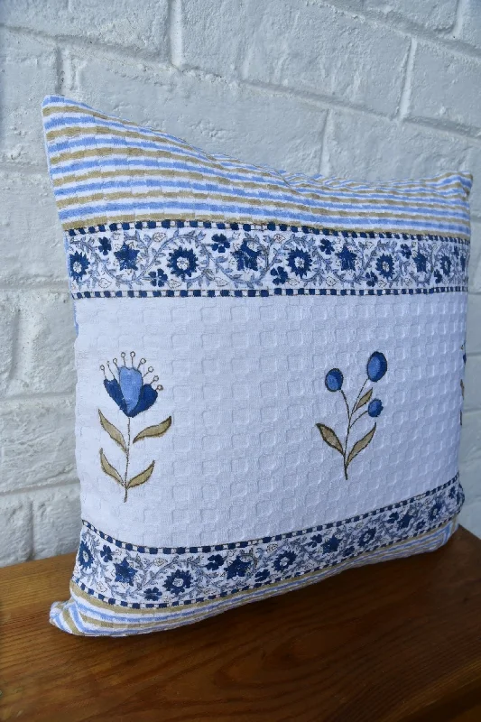 Blue floral stripe waffle cotton  handblock cushion cover