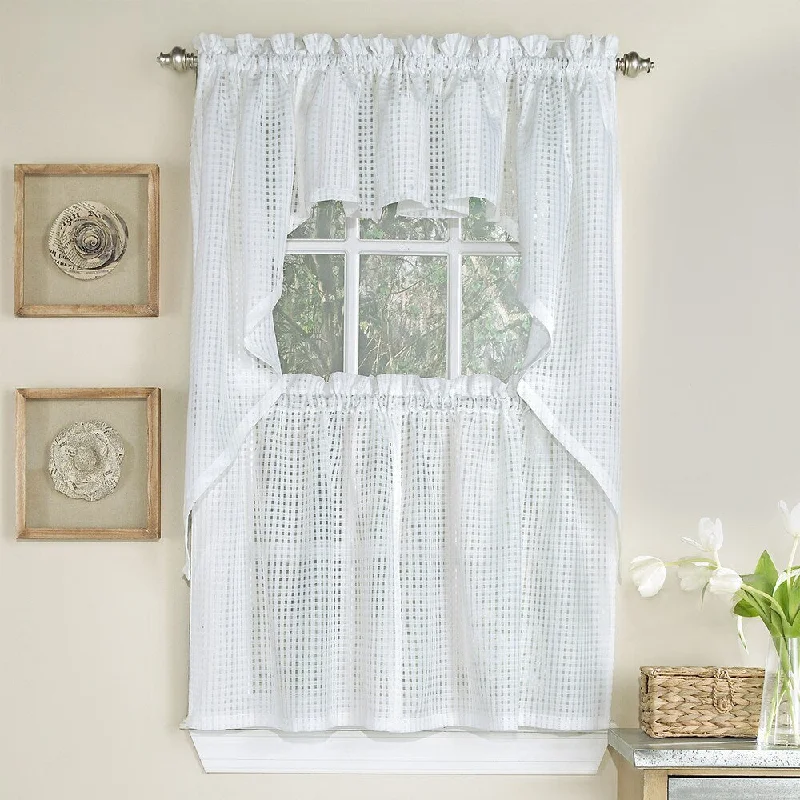 White Tone-on-tone Raised Micro-Check Semi-Sheer Window Curtain Pieces