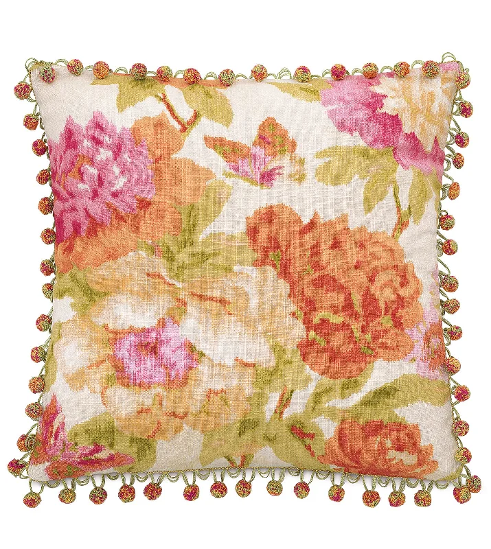 Caroline Azalea Floral with Ball Trim Throw Pillow Cover 22x22