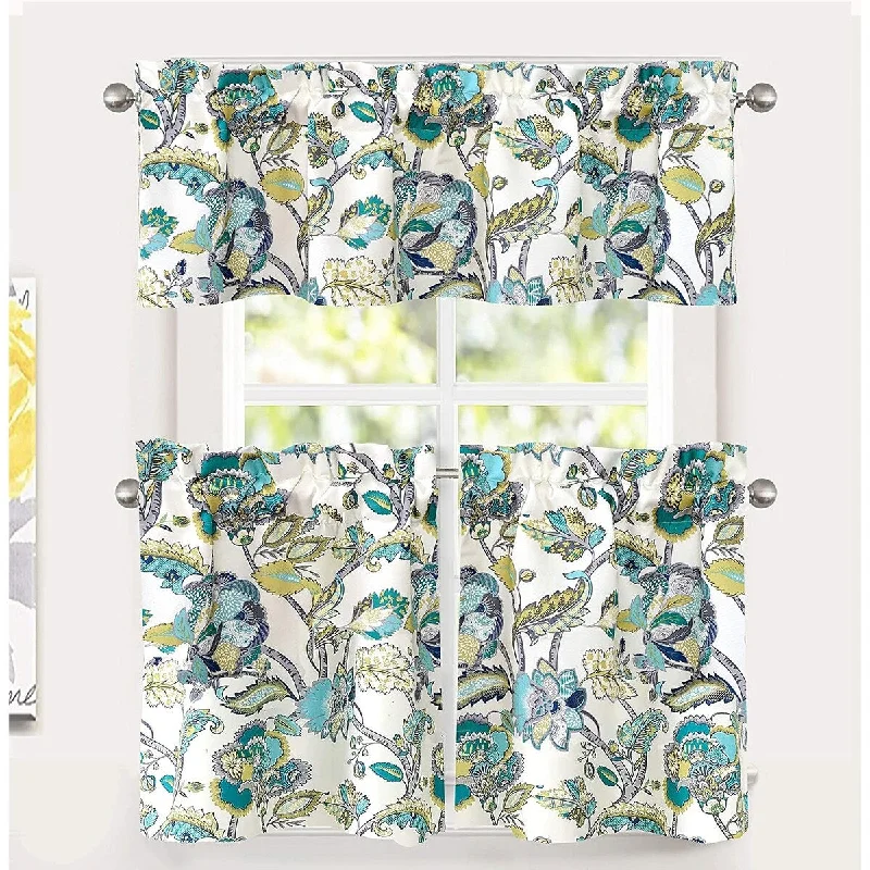 DriftAway Layla Floral Leaves Pattern Semi Sheer 3 Pieces Kitchen Tier