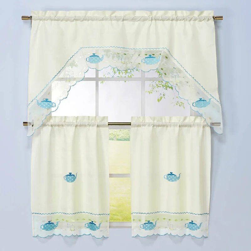 Tea Kettle Pattern 3-piece Embroidered Kitchen Curtain Set