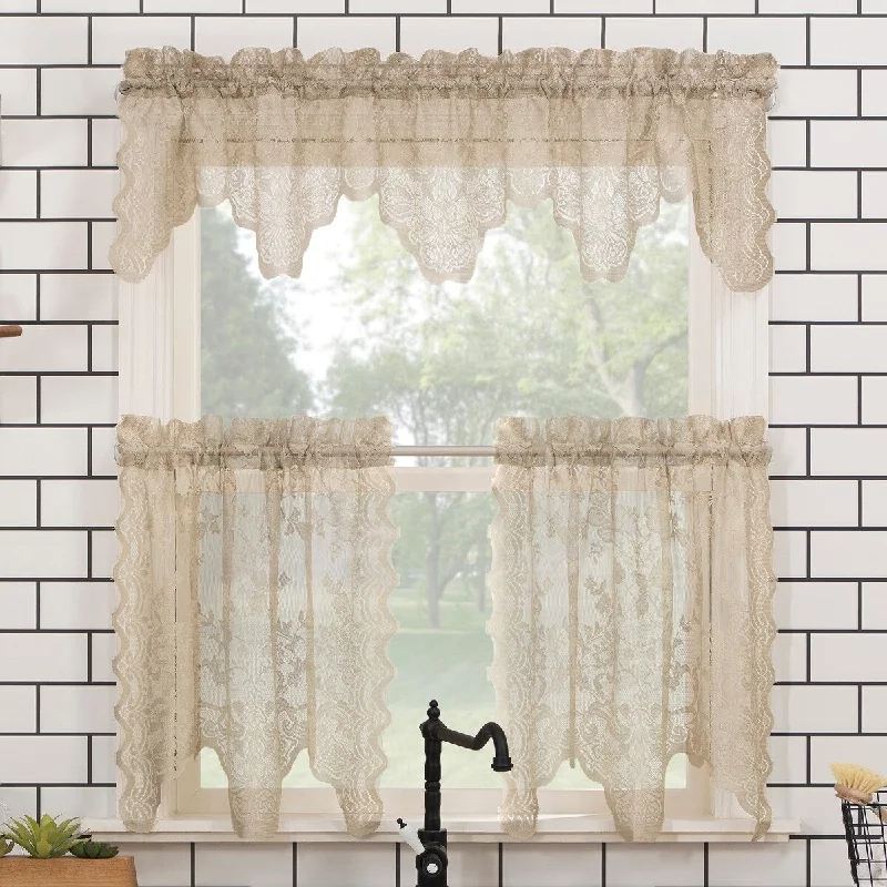 No. 918 Alison Floral Lace Sheer Rod Pocket Kitchen Curtain Valance and Tiers Set