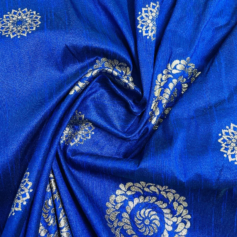 Royal Blue Floral With Gold Foil Dupion Silk Fabric