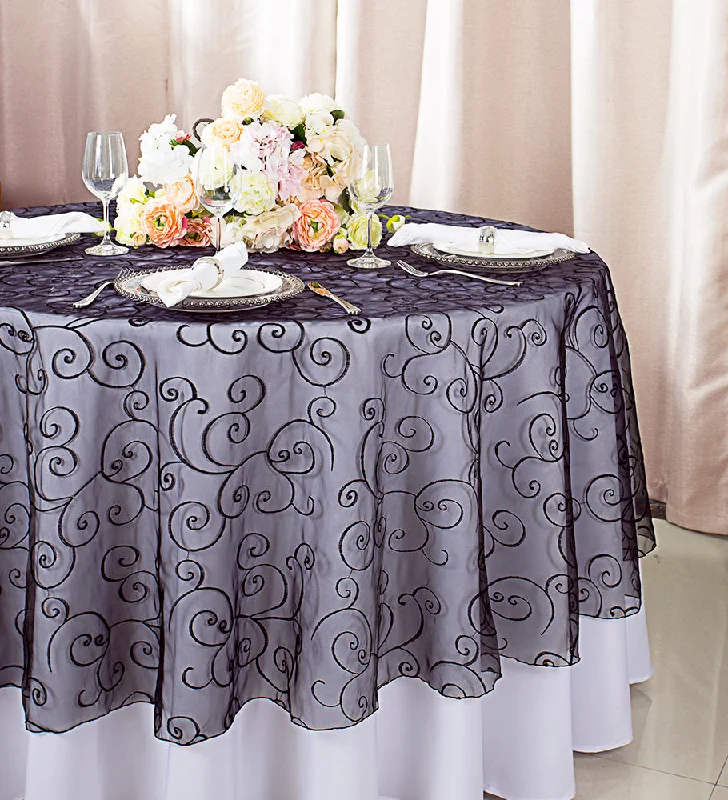 90" Seamless Round Embroidered Organza Tablecloth/Table Overlay - Black (1pc)