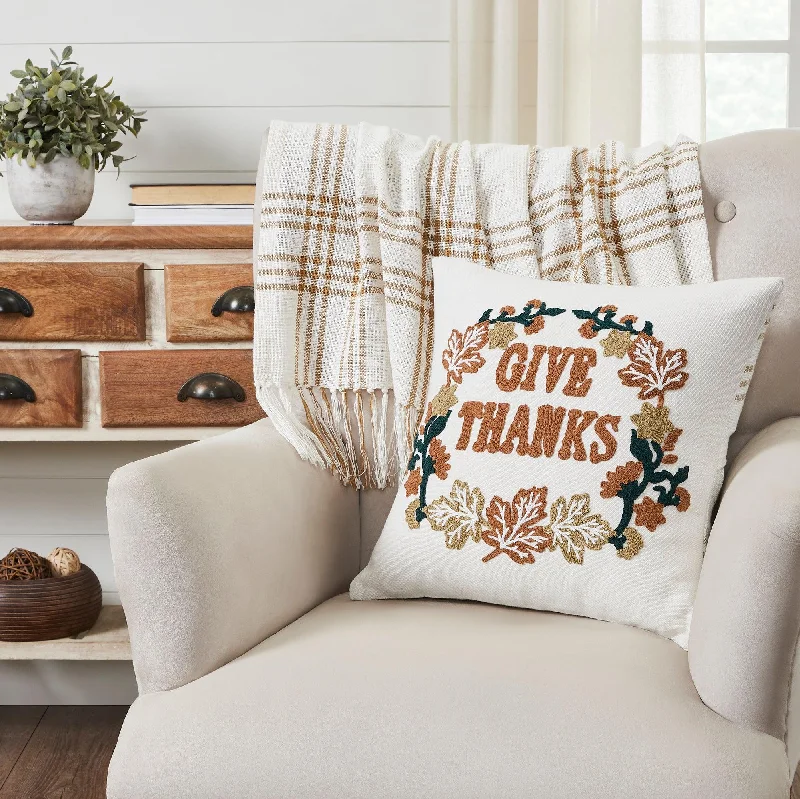 Wheat Plaid Give Thanks Pillow Cover 18x18 VHC Brands