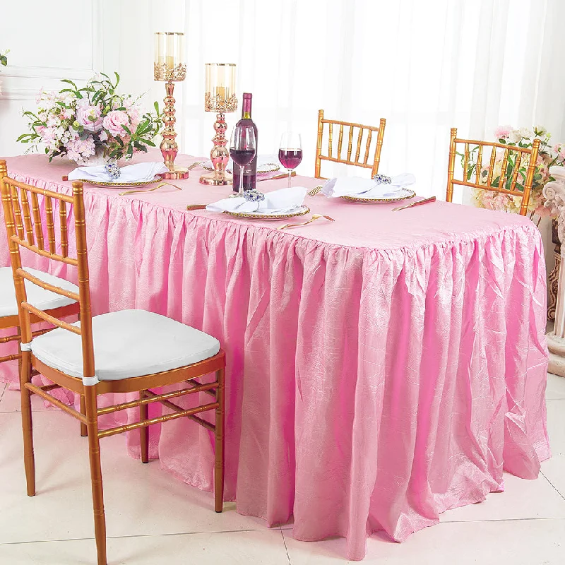 6 Ft Rectangular Ruffled Fitted Crushed Taffeta Tablecloth With Skirt - Pink (1pc)