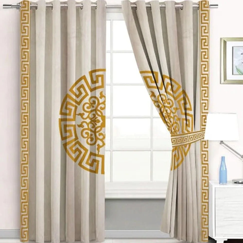 Pair of Versace Velvet Eyelet Curtains Yellow  On white With Tie Belts