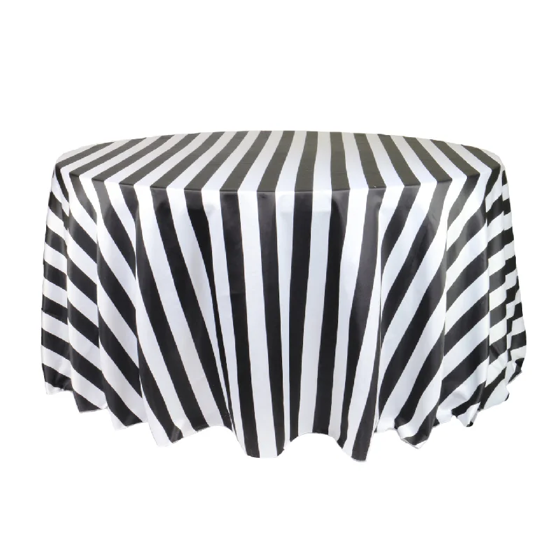 132 inch L'amour Satin Round Tablecloth Black/White Striped