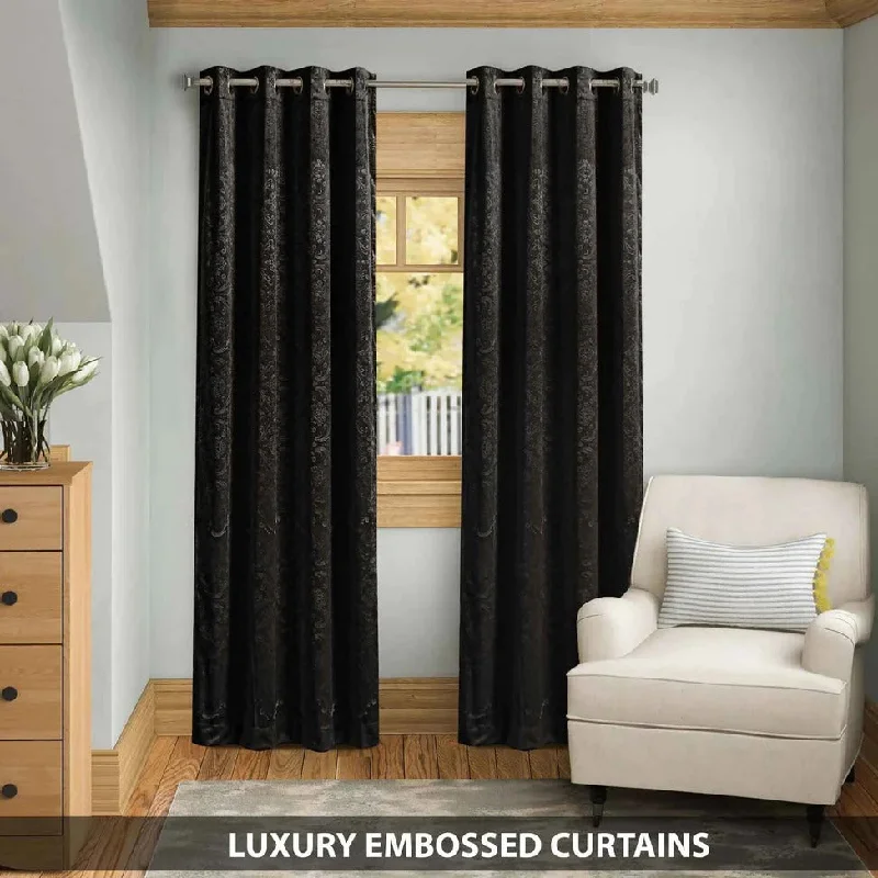 Pair Of Embossed Velvet Eyelet Curtain- Black Color