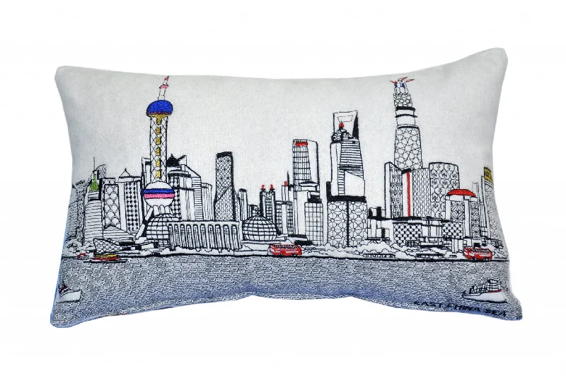 25" White Shanghai Daylight Skyline Lumbar Decorative Pillow