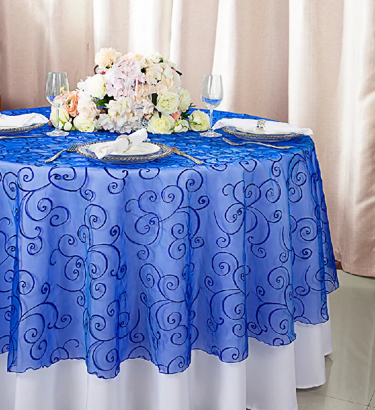 90" Seamless Round Embroidered Organza Tablecloth/Table Overlay - Royal Blue (1pc)